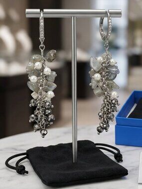 Ali Khan crystal glass bead cluster cascade drop earring gray, pearl, hematite